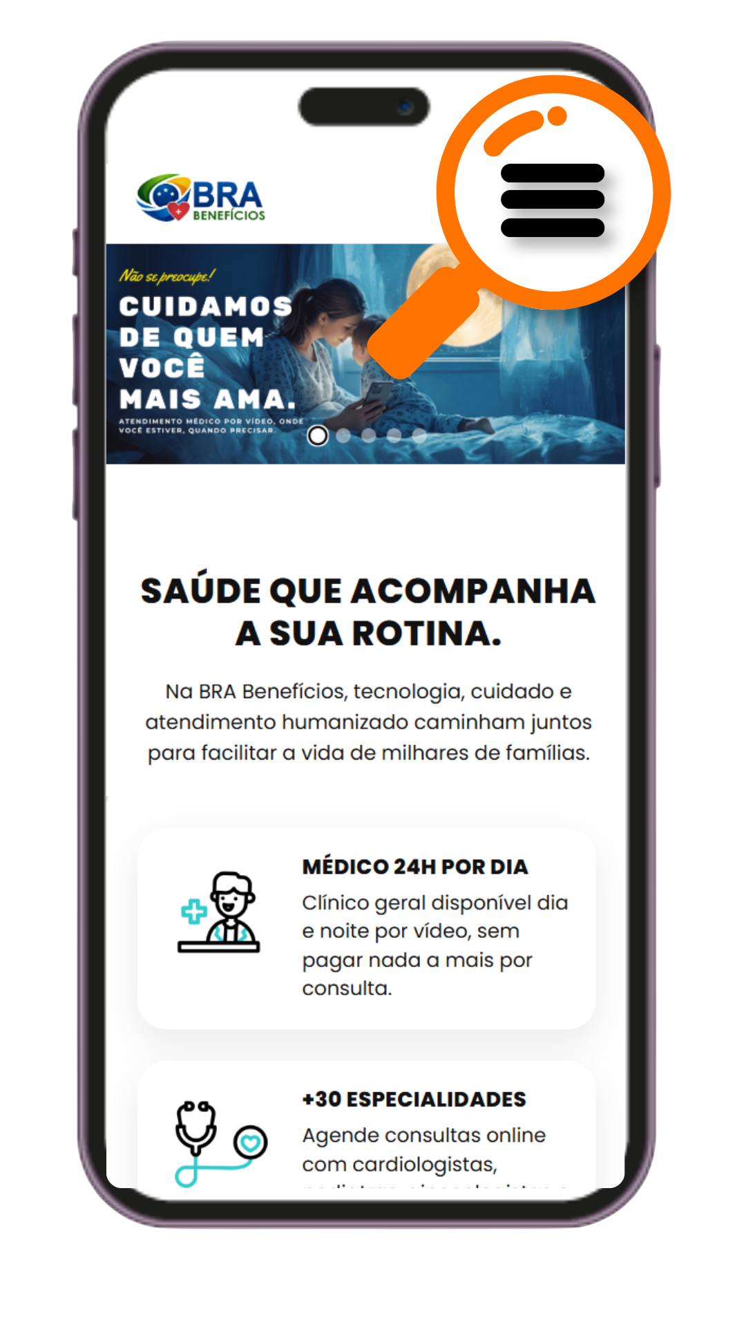 Tela inicial da BRA Benefícios no celular, com o menu de três linhas em destaque.