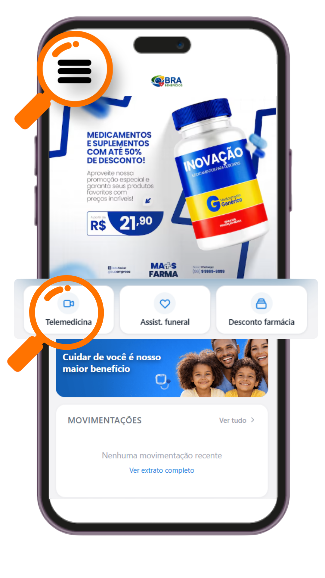 Área logada da BRA Benefícios no celular, com o menu e o botão de telemedicina em destaque.
